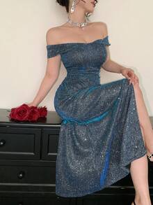 DAZY 女士优雅露肩褶裥鱼尾中长连衣裙，亮面面料，夏季婚礼宾客礼服 - 藍色 - 查看 3