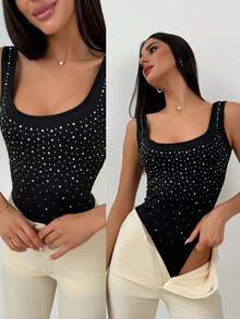 Aloruh Women's Square Neck Full-Body Rhinestone Embellished Fitted Bodysuit, Summer Outfits Suitable For Graduation Party - Black - View 2