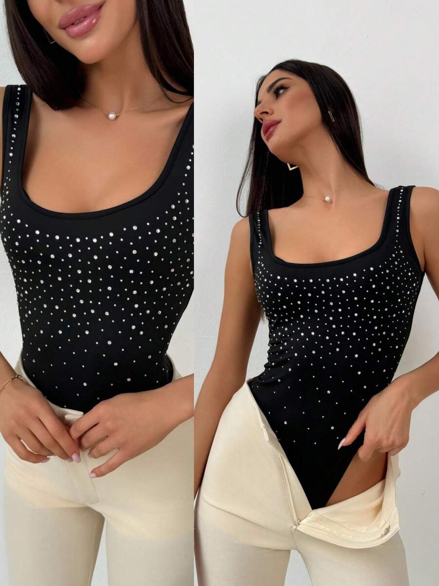 Aloruh Women's Square Neck Full-Body Rhinestone Embellished Fitted Bodysuit, Summer Outfits Suitable For Graduation Party