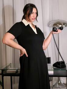 ELLERISSA 大码女士时尚职业装连衣裙，撞色领中长连衣裙，秋冬季短袖柔软纯色修身连衣裙，适合派对、办公室、鸡尾酒会等场合，也适合日常外出和聚会，商务休闲女士优雅晚礼服 - 藍色 - 查看 6