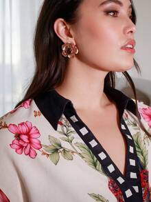 ELLERISSA 大码曲线两件套女装，复古印花V领短袖系带上衣搭配阔腿裤，优雅春夏度假休闲装，大码两件套女装，波西米亚风印花套装 - 彩色 - 查看 6