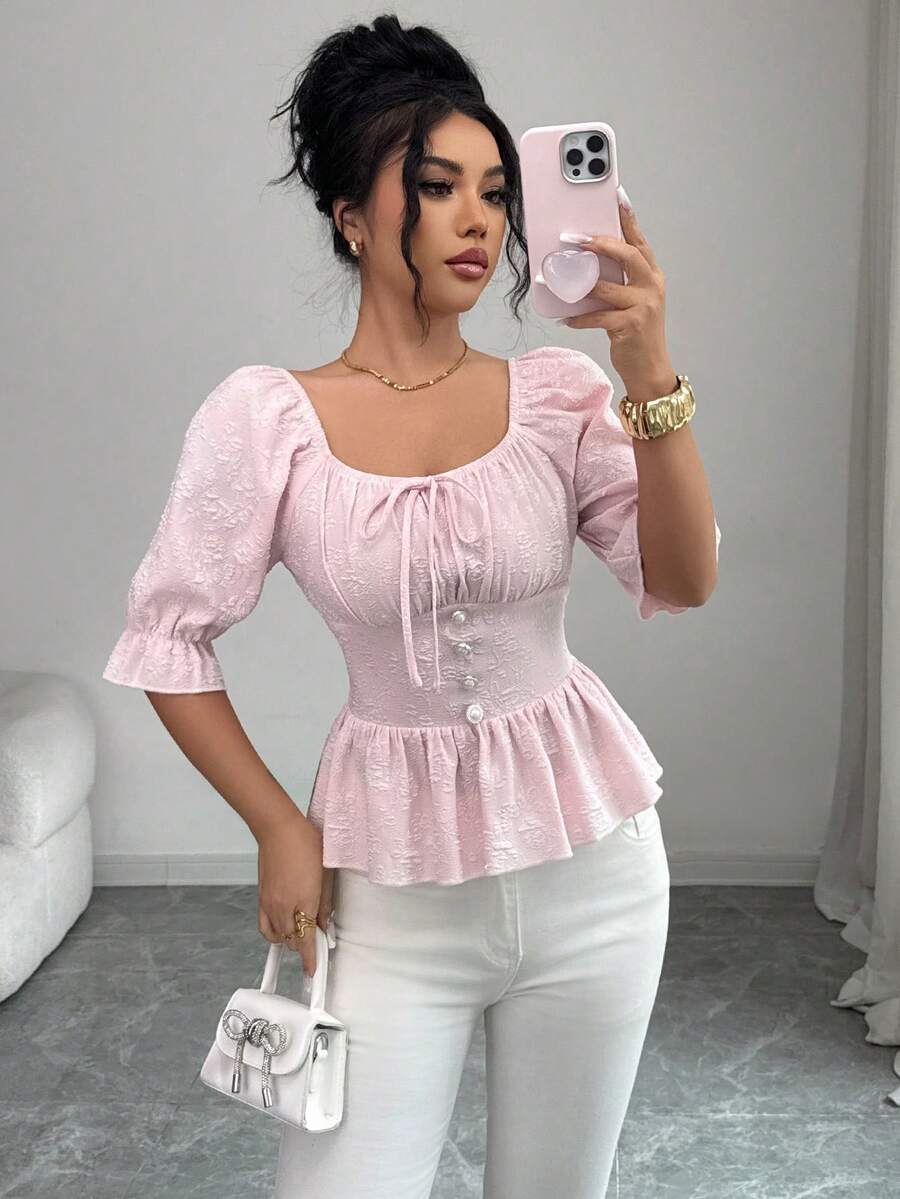 SHEIN Clasi Women's Elegant Refined Fashionable Square Collar Puff Sleeve Cinched Waist Casual/Work Chic Minimalist Pink Short Sleeve Blouse - Pink - View 1