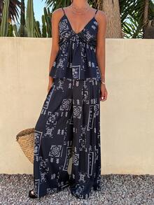 DAZY 两件套女士印花深V吊带背心和阔腿裤休闲度假夏季套装 - 藏蓝色 - 查看 5