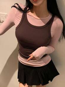 DAZY 2pcs/Set Women Solid Color Crew Neck Long Sleeve T-Shirt And Sleeveless Casual Tank Top, Spring/Autumn Lounge Sets For Women - Pink - View 5