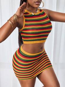 BamGleam 2pcs Women Sleeveless Sweater & Bodycon Skirt Set, Sexy & Fashionable Summer Knit Top And Skirt Outfit, Vacation/Holiday Beach Dress - Multicolor - View 5