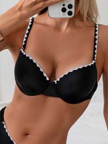 Swim Basics Áo bikini nữ gợi cảm có gọng và đệm mút, viền răng cưa, màu trơn, thích hợp cho mùa xuân/hè. - màu đen - Xem 1