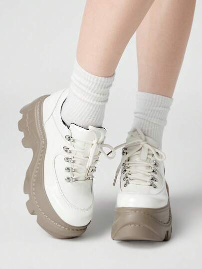 ROMWE Grunge Punk Women's Y2K Punk Rock Lace-Up Chain Gothic Shoes, Black Loafers, Lace-Up Mary Jane Flats, Formal Work Shoes, Platform & Wedge Heels For Christmas