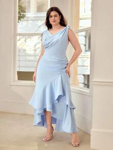 MOTF PREMIUM PLUS SIZE ELEGANT ROMANTIC RUFFLE HEM RUCHED DRESS - Blue - View 6