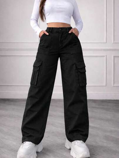 Pantalón cargo mujer tiro alto wide leg bolsillos laterales casual urbano streetwear holgado recto