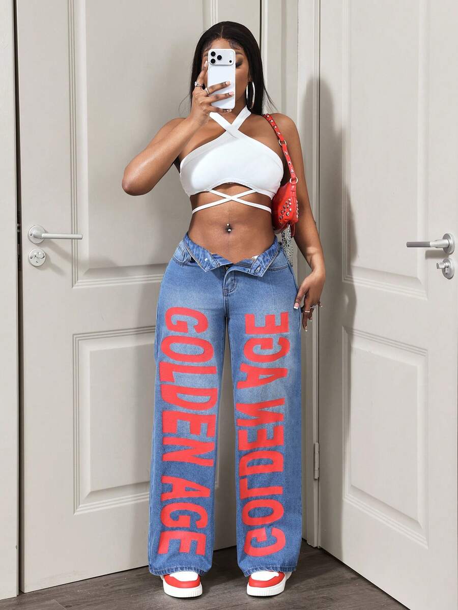 BamGleam Cowgirl Style Non-Stretch Blue Printed Straight Leg Pants, Spring Outfits For Women - Medium Wash - View 1