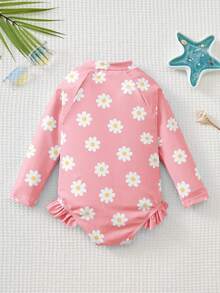 Cozy Pixies Áo tắm liền thân dài tay có khóa kéo in hoa cho bé gái, thích hợp cho kỳ nghỉ hè ở bãi biển. - Hồng - Xem 1