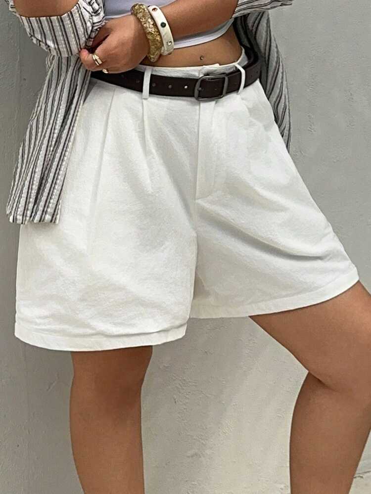 Dazy Plus Plus Size Women's Solid Color Pleated Casual Rolled Hem Shorts, Spring/Summer