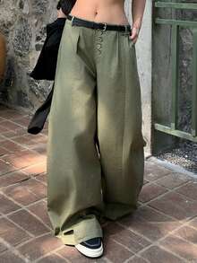 DAZY Women's Low-Waist Pleated Design Casual Barrel Leg Pants, Urban Streetwear - Army Green - View 3