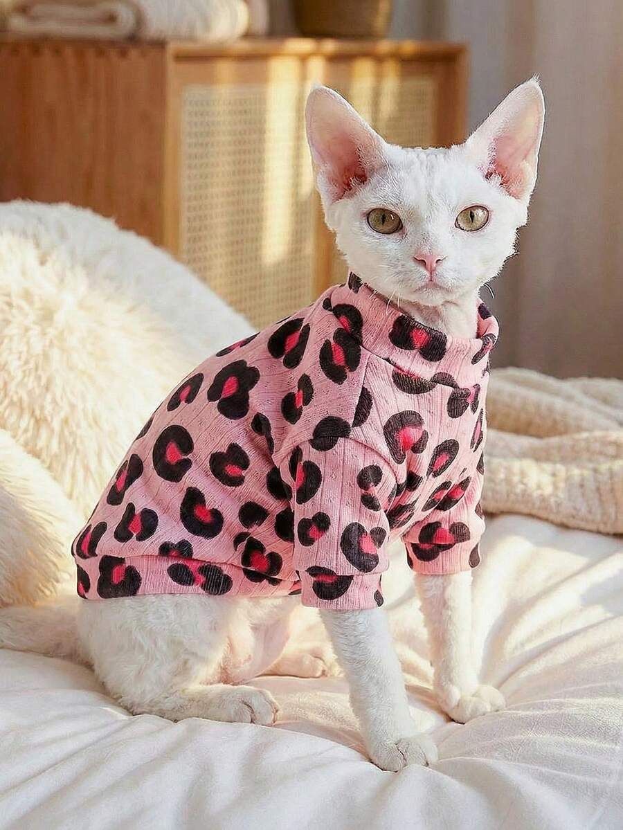 PETSIN 1件猫狗通用服装，粉色豹纹图案宠物底衫，四季皆宜的舒适套头衫 - 粉豹紋 - 查看 1