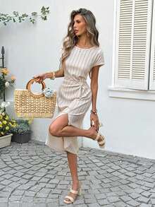 SHEIN LUNE Women's Casual Striped Summer Vacation & Commute Daily Basic Fashion Twist Knot Mid-Length Dress, Short Sleeve - Apricot - View 4