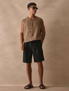 Musero Tailored Long Line Pleated Bermuda Fabric Belt Shorts Smart Style Spring Summer Essentials - Black - View 2