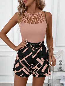 Conjunto de 2 piezas  Clasi para mujer, camisola amarilla con diseño geométrico hueco y pantalones cortos con bolsillos, conjuntos de verano - Verde Oscuro - Ver 8