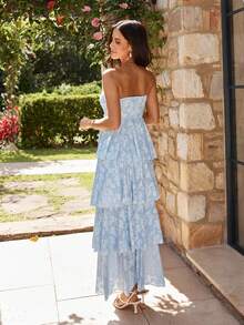 KARISMINA 女士浪漫度假长裙，提花面料无肩带连衣裙，蓝色 - 淺藍色 - 查看 2