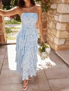 KARISMINA 女士浪漫度假长裙，提花面料无肩带连衣裙，蓝色 - 淺藍色 - 查看 8