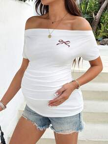 SHEIN Maternity Butterfly Print Off Shoulder Ruched Fitted T-Shirt - White - View 1