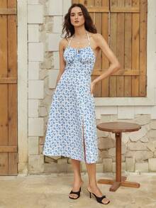 Gaivellea Women's Summer Vacation Casual Daily Printed Halter Dress - Blue and White - View 6