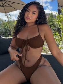 Alexandranx Women's Solid Color Front Tie Sexy Bikini Swimsuit Set, Summer Beach - Brown - View 5