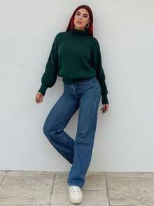 Bearsaez 罗纹针织高领落肩毛衣、长袖上衣 - 墨綠色 - 查看 6