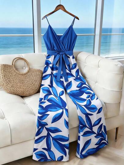 Franclia Women's Summer Vacation Leaf Print Sleeveless Jumpsuit