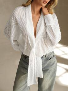 SHEIN Glamour Chiffon Jacquard Blouse, Women's Pullover Semi-Sheer White Shirt Top, Long Sleeve Loose Blouse, Jacquard Fabric Shirt - White - View 5