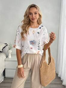 Louniche Standard Size Women's Round Neck Vacation Floral Print Casual Shirt - White - View 6