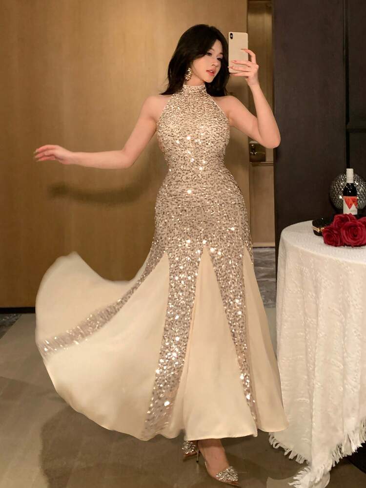 V-Neck Sequin Dress For Women, Suitable For Party & Holiday,Wedding Guest Dress Women Sundress