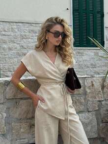 Aloruh Bộ đồ công sở tay ngắn màu kaki mùa hè, bộ đồ hai mảnh thanh lịch tối giản màu trơn, thích hợp cho việc đi làm. - Màu Khaki - Xem 4