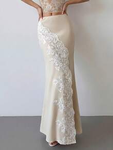 Aloruh 春夏新款优雅浪漫约会/婚礼/度假低腰缎面蕾丝拼接鱼尾裙，杏色缎面裙，奶油色蕾丝拼接缎面裙 - 杏色 - 查看 8