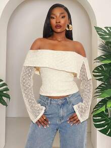 SHEIN SXY Áo kiểu nữ cỡ lớn, thanh lịch, màu mơ, chất liệu vải lưới, đính sequin, trễ vai, tay dài, ôm sát, thời trang, sang trọng, gợi cảm, thích hợp cho kỳ nghỉ, ngày Valentine, đám cưới, cổ điển, tiệc tùng, dạ hội, đi chơi, xuân hè, thanh lịch, lễ hội, phong cách boho, thường ngày, lễ hội, đường phố. - Nhiều màu - Xem 4