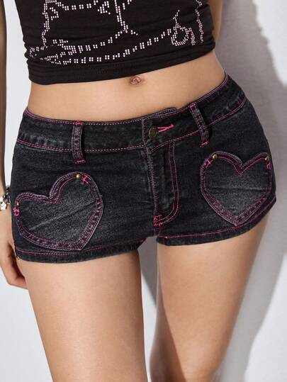 ROMWE Spring/Summer Y2K Retro Girly Contrast Color Denim Shorts With Heart Patch & Rivet Decor, Super Low Waist Mini Jeans For Women