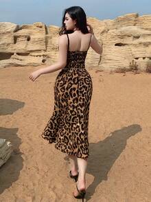 DAZY Women's Elegant Leopard Print Sleeveless Mid-Length Dress, Summer,Wedding Guest Dress Women Sundress - Coffee Brown - View 2