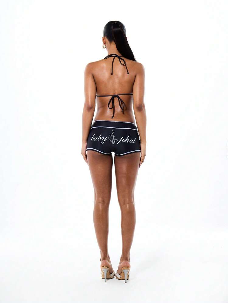 BABYPHAT Women's Navy Bikini Bottom With White Contrast Stitching And Text Print Summer Beach Swimwear Shorts Style Coverage