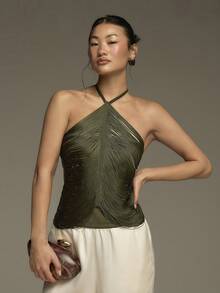 COSMINA Áo tank top không tay cổ yếm tua rua thanh lịch dành cho nữ, mang đến cảm giác nghỉ dưỡng, đa năng cho các buổi đi chơi, hẹn hò, ngày Valentine. - màu xanh lá - Xem 2