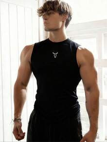 GymBeat 男士圆领无袖简约透气夏季运动背心 - 黑色 - 查看 3