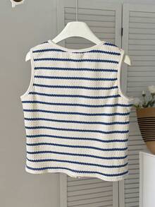 Áo tank top cổ tròn dáng casual tối giản thoải mái cho bé gái tuổi teen, kẻ sọc, trang trí nơ. - Xanh và trắng - Xem 2