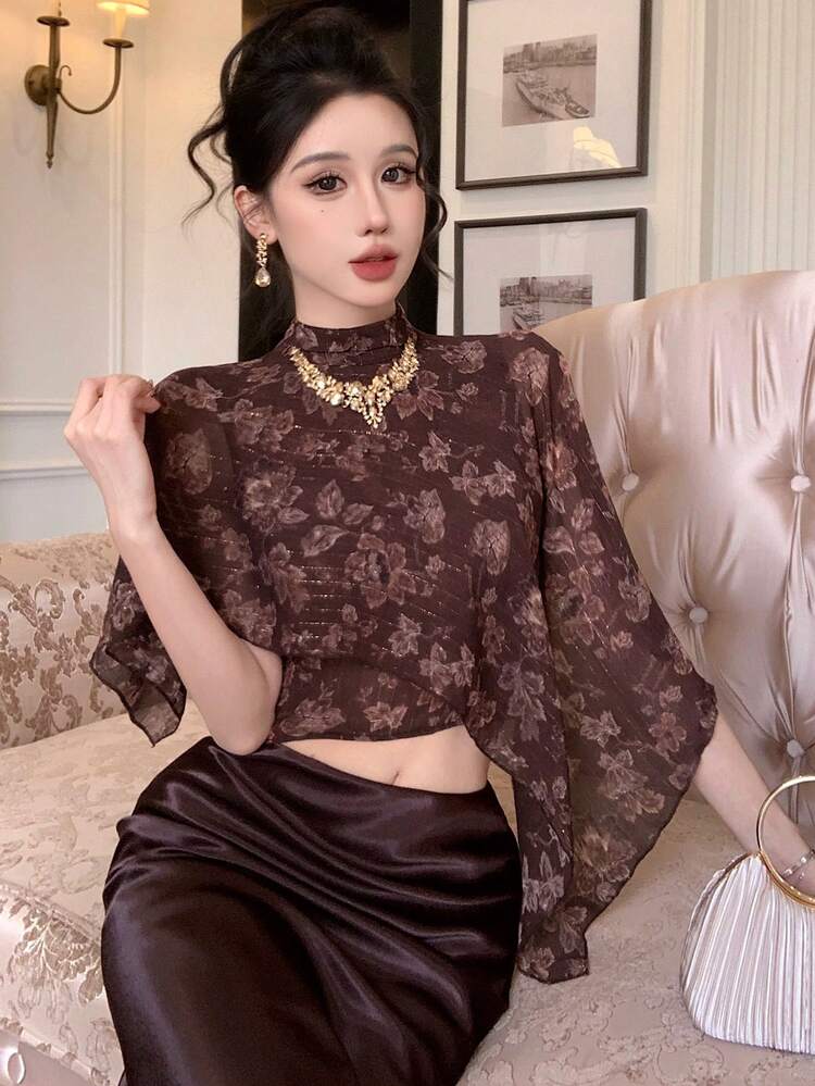 Spring & Summer Ditsy Floral Asymmetric Hem Chiffon Cover Up With Flare Sleeves, Casual Beach Holiday Wear