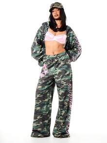 SUMWON WOMEN Women's Camouflage Wide Leg Joggers With Pink Script Text High Rise Elastic Waist Casual Sweatpants - Army Green - View 5