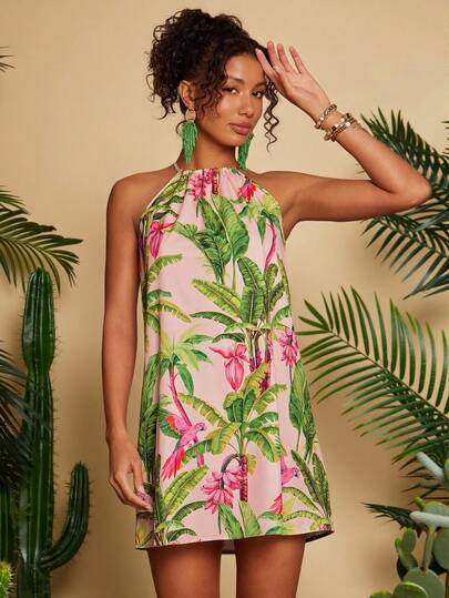 Travachic 女士热带植物印花休闲露背连衣裙，适合度假、下午茶、婚礼季、海滩游轮等场合。