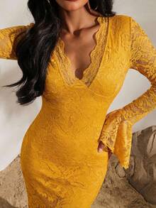Opulessa Vestido de punto de color liso con volante de encaje en el bajo para mujer - Amarillo - Ver 4