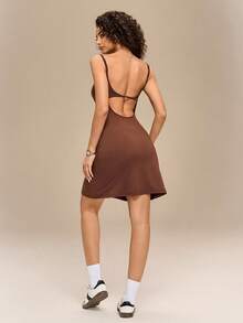 Hanevo Women's Coffee Brown Summer Casual Vacation Elegant Waist Cinched Spaghetti Strap Mini Dress,Body Fit Tight Dresses For Ladies,City Break - Brown - View 2
