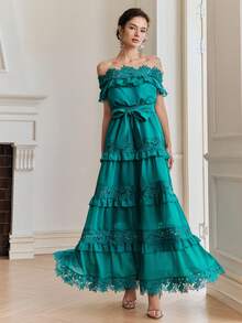 Anewsta Đầm ôm sát thanh lịch trễ vai xếp nếp ren viền mới dành cho nữ - màu xanh lá - Xem 5