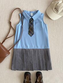 PrepCrw 1 chiếc đầm sơ mi không tay cổ bẻ phối màu xanh dương và xám dáng rộng thanh lịch dễ thương cho bé gái, kèm cà vạt kẻ caro có thể tháo rời, thích hợp mặc hàng ngày, đi học, đi chơi, họp mặt, lễ hội, mùa xuân và mùa hè. - Nhiều màu - Xem 2