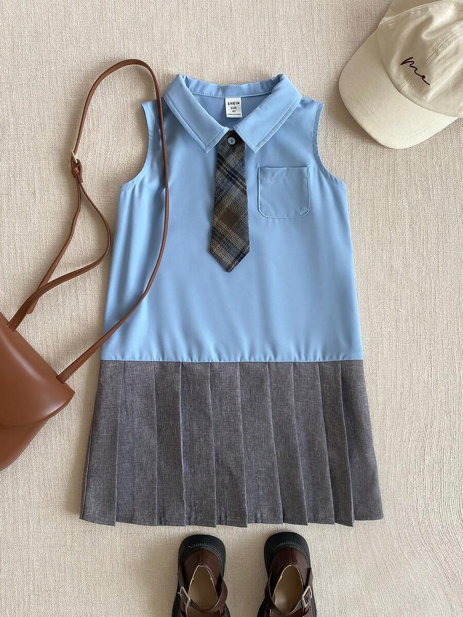 PrepCrw 一件女童休闲优雅宽松可爱蓝灰色拼接无袖衬衫裙，配有可拆卸格子领带，适合日常穿着、返校、郊游、聚会、节日、春夏季节等场合。 - 彩色 - 查看 1