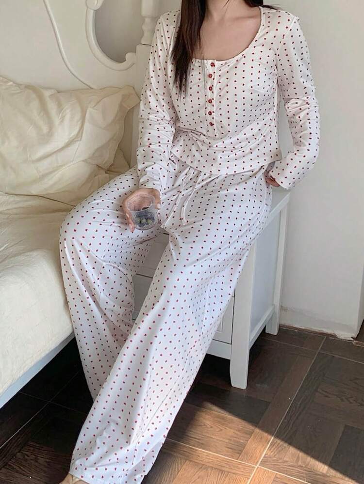 Dazy Plus 2pcs/Set Heart & Floral Print Fitted Sleepwear, Long Sleeve Top And Straight Leg Pants, Plus Size Women Spring/Summer Pajama Set, Suitable For Valentine's Day