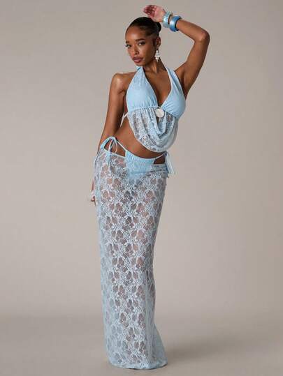 SHEIN BAE Women's Sexy Sheer Lace Low Waist Cover-Up Skirt, Suitable For Beach, Vacation,Women's Blue Lace Midi Skirt, Blue Lace Cover-Up, 2026 Summer New Arrival: Sexy Party/Music Festival Swimwear, Hawaiian Style, Women's Beach Vacation Wear, Elegant Women's Beachwear, Vacation Wear, Beach Party, Pool Party